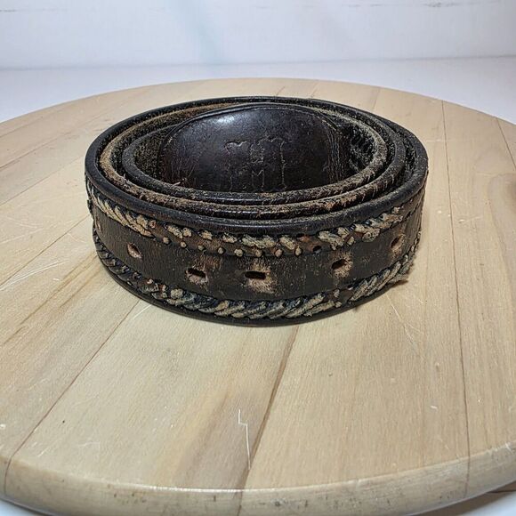 Vintage Distressed Leather Belt & Buckle Oval Shaped Buckle W Letter H Size 38 - Picture 11 of 15